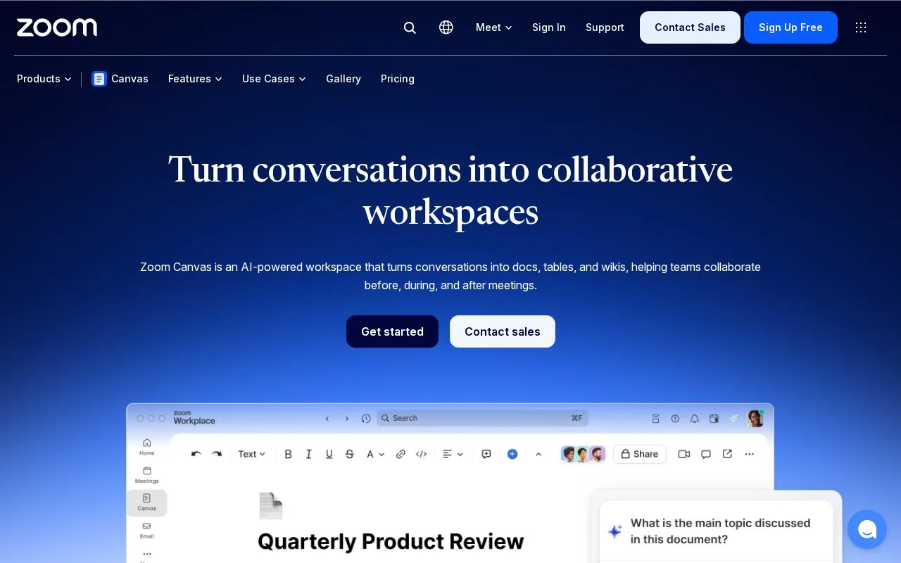 Screenshot of the Zoom Canvas homepage