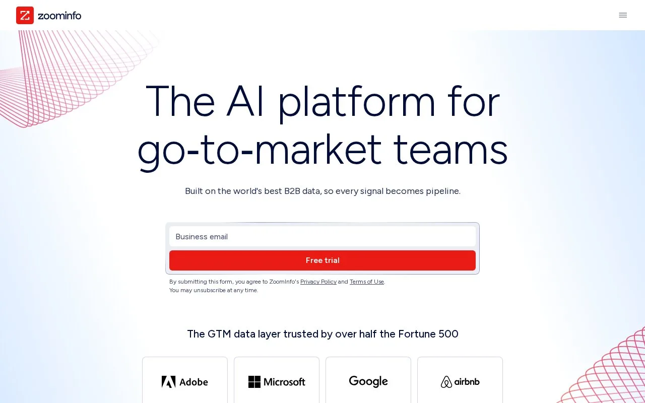 Screenshot of the ZoomInfo homepage