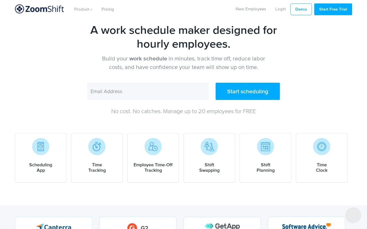 Screenshot of the ZoomShift homepage