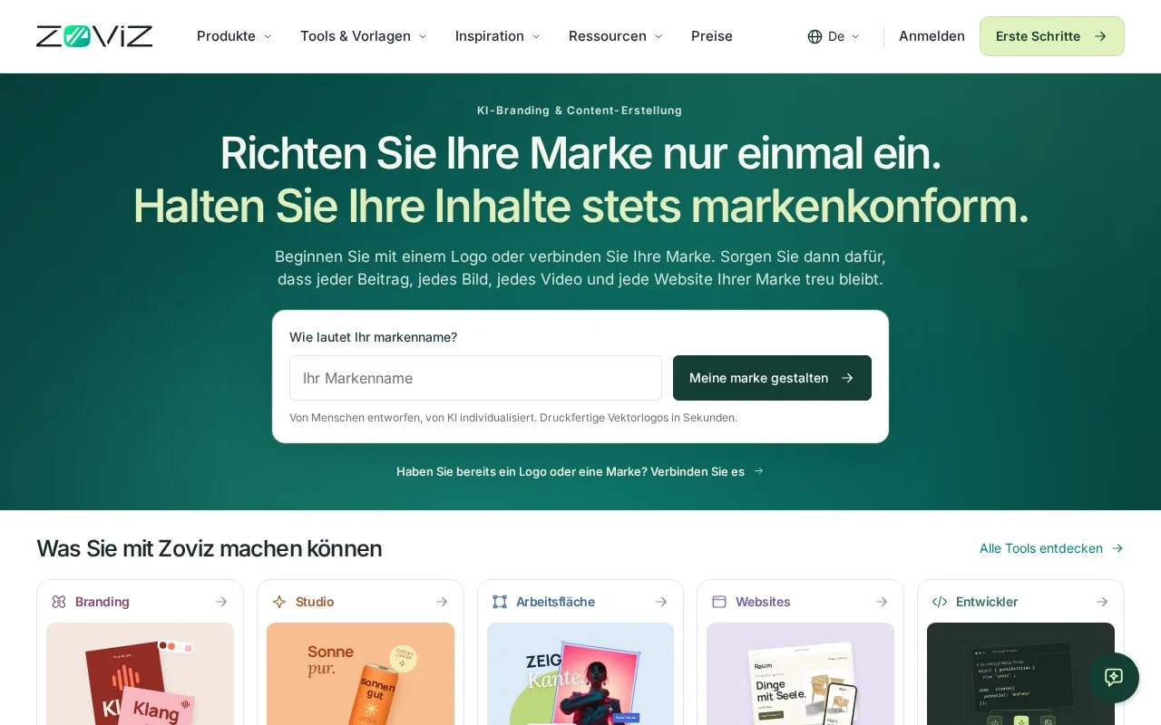 Screenshot of the Zoviz homepage