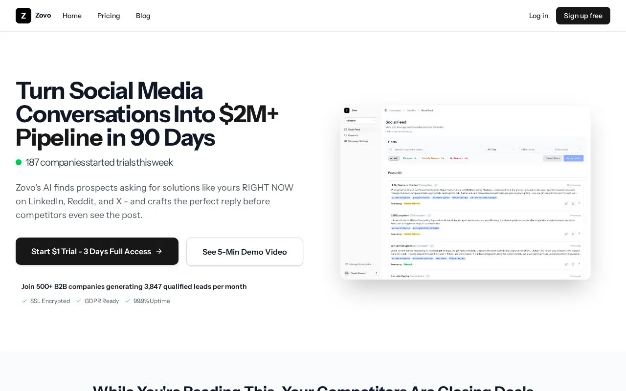Screenshot of the Zovo homepage