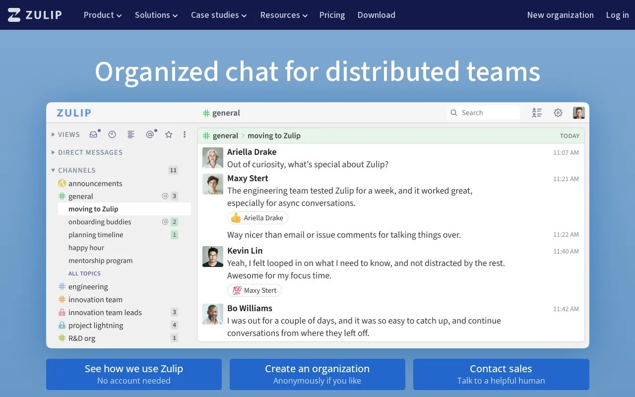 Screenshot of the Zulip homepage