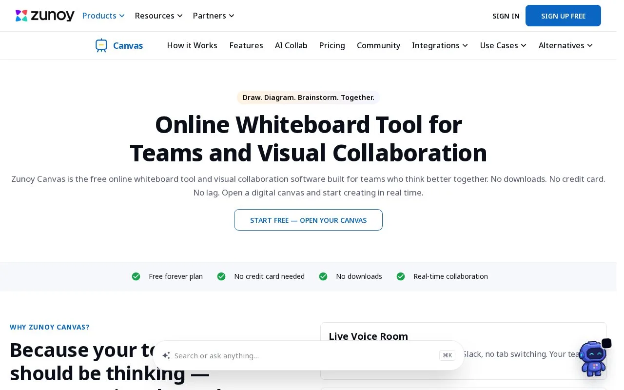 Screenshot of the Zunoy Canvas homepage