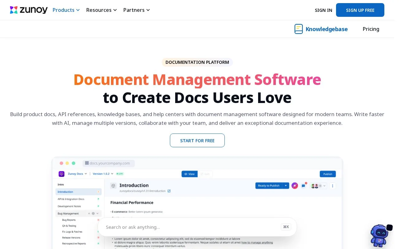 Screenshot of the Zunoy Knowledgebase homepage