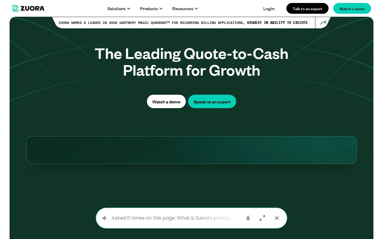 Screenshot of the Zuora homepage