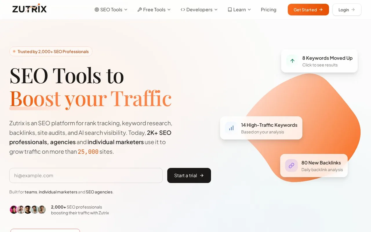 Screenshot of the Zutrix homepage