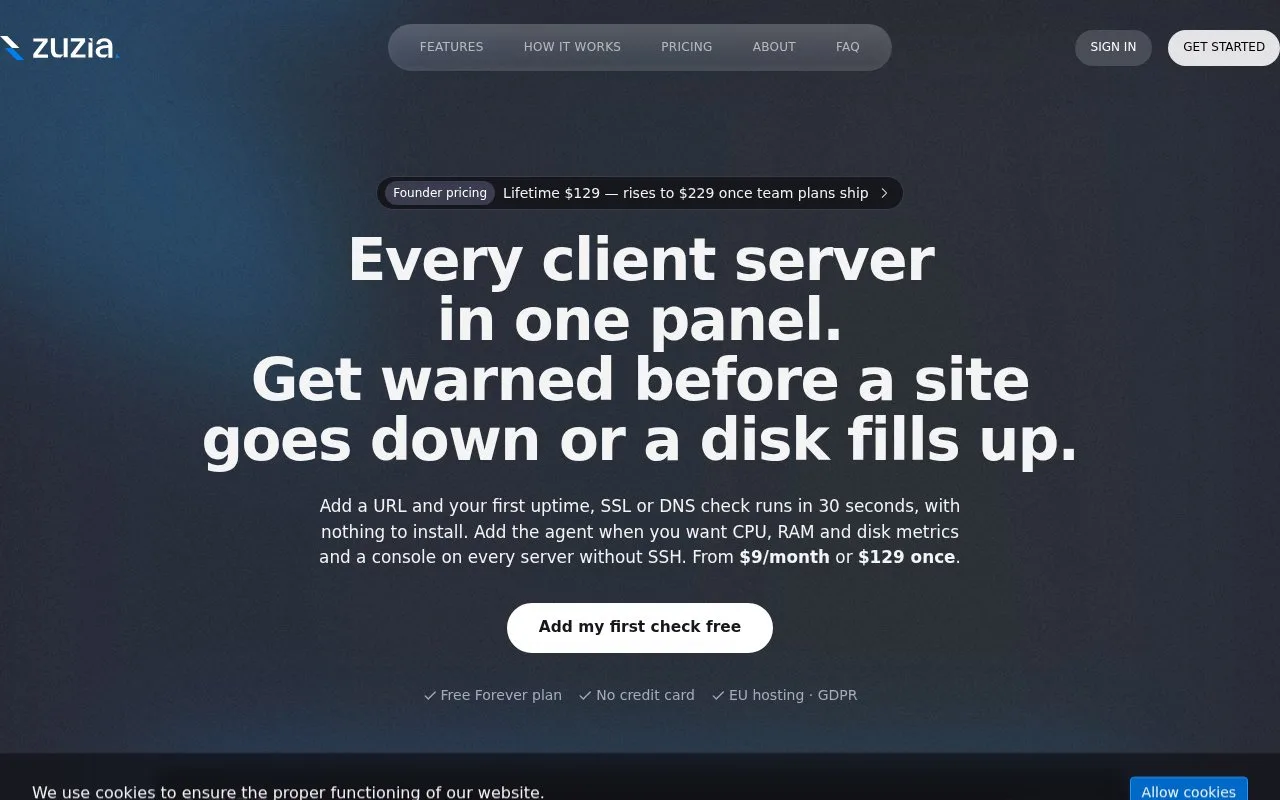 Screenshot of the Zuzia homepage