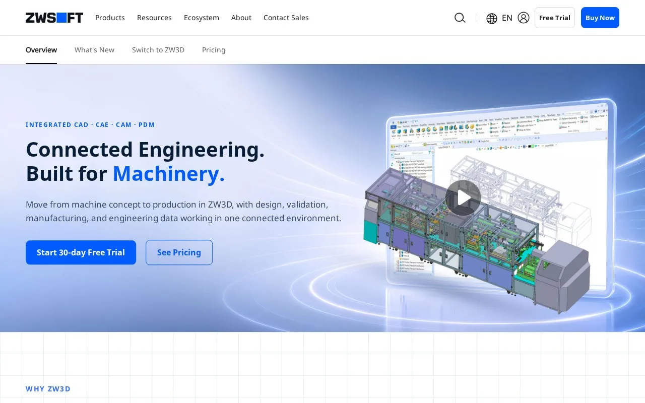 Screenshot of the ZW3D homepage